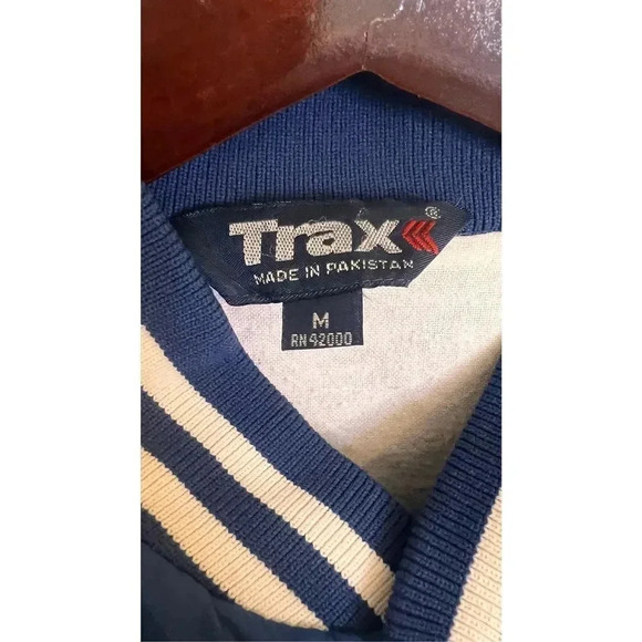 Vintage Trax Men’s Medium Blue White Button Down Varsity Bomber Jacket Quilted - Picture 3 of 11